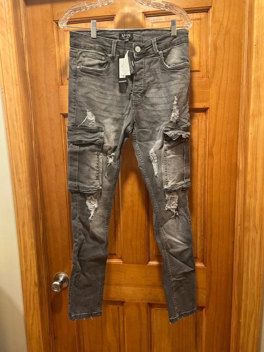 MAN Black Distressed Skinny Cargo Jeans - Men's